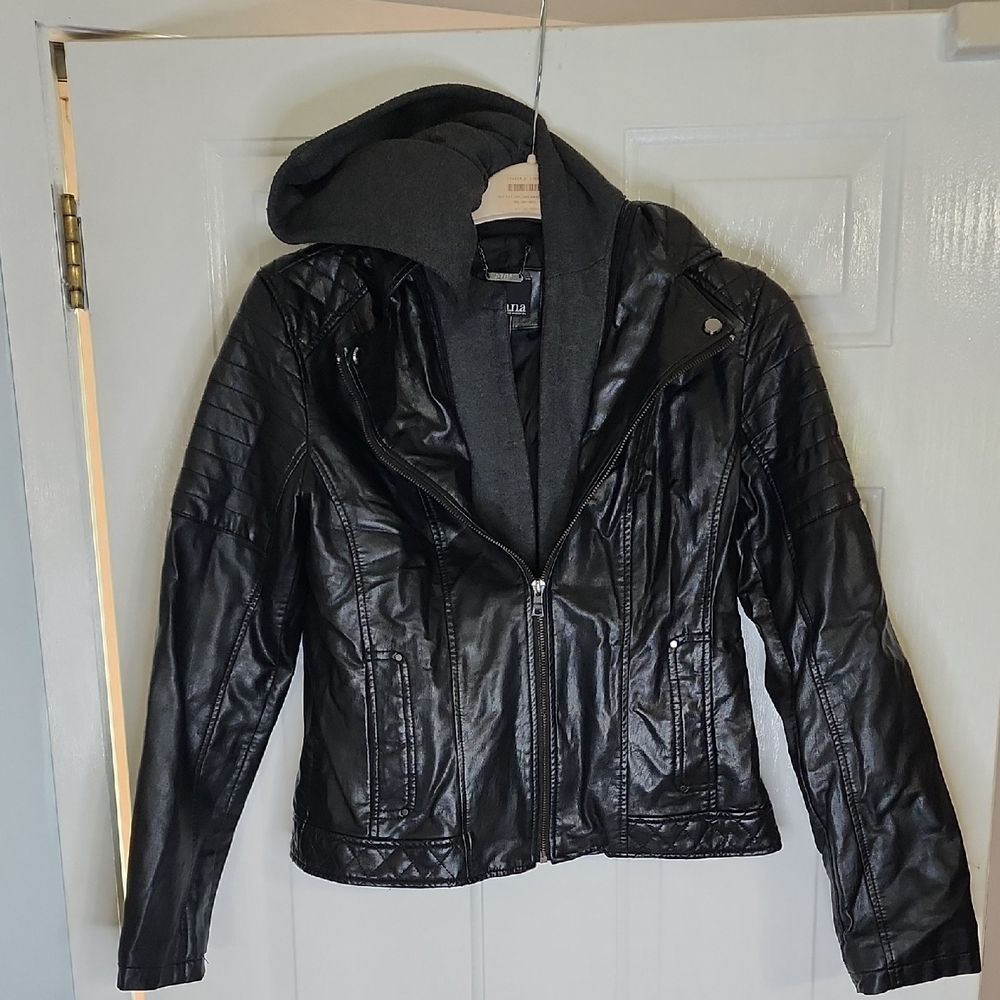 Stylish a.n.a Black Faux Leather Jacket with Hood